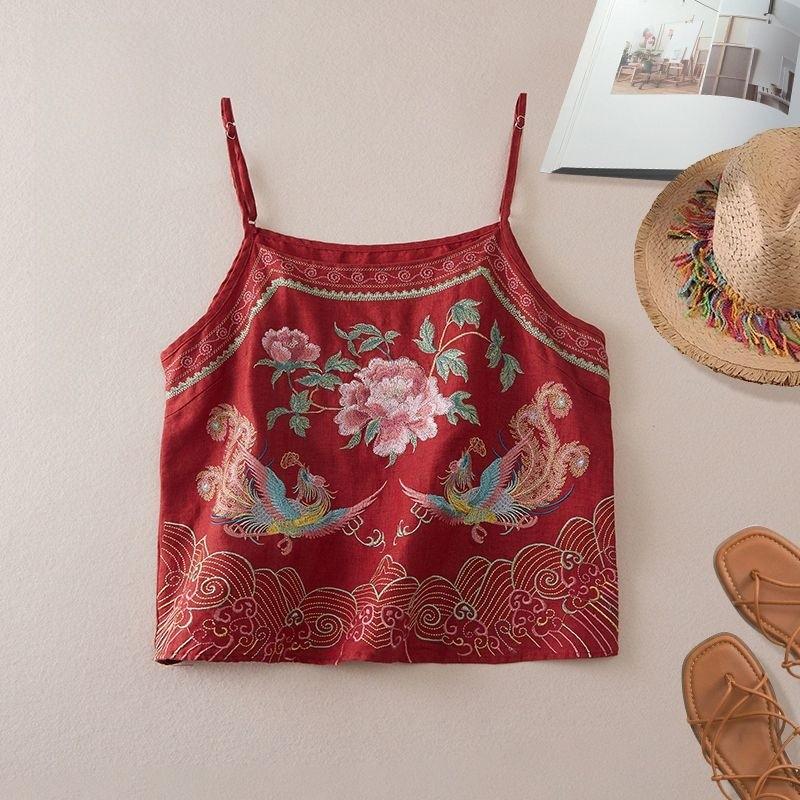Cotton Linen Embroidered Vintage Sleeveless Tank Top For Women Summer Casual Wear