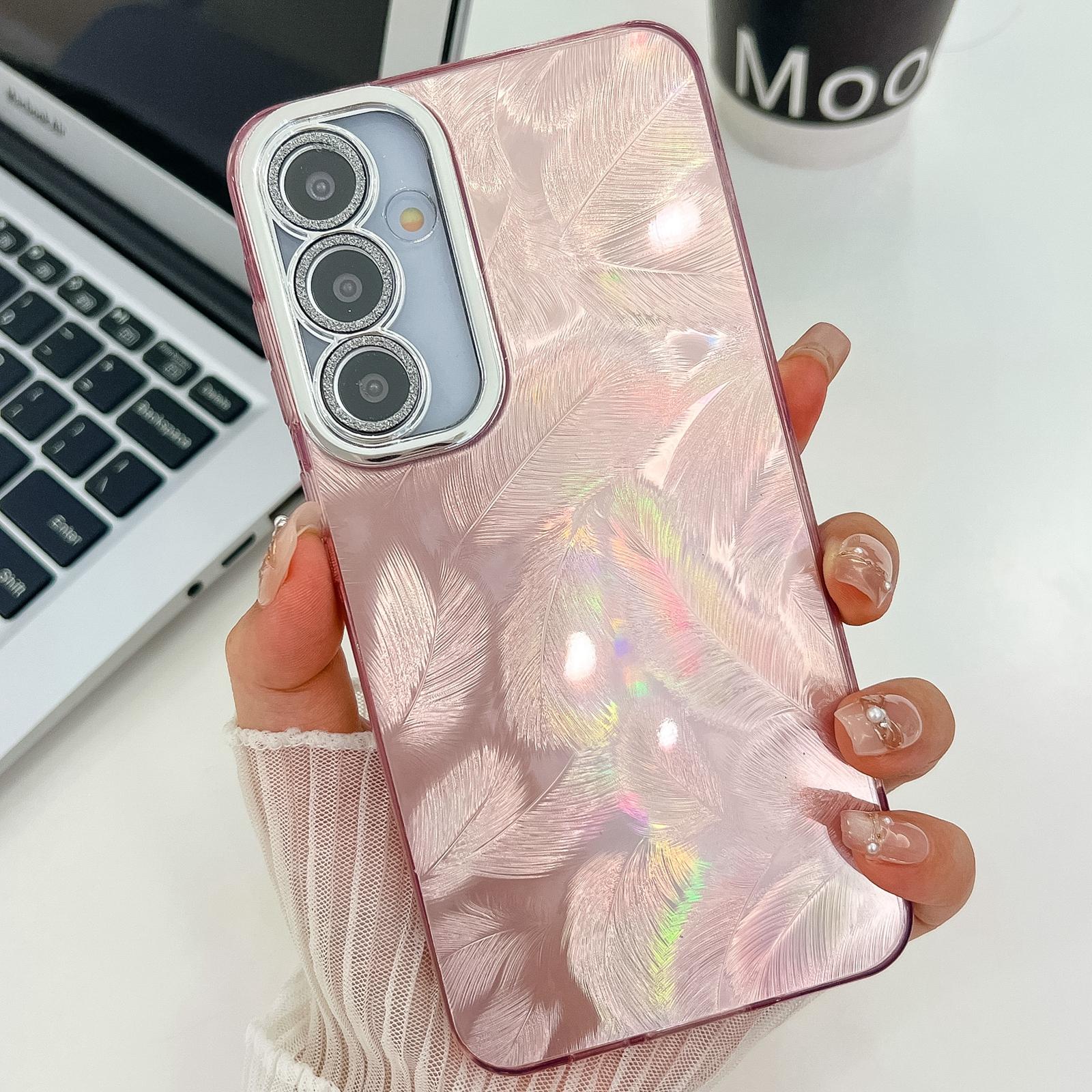 

Для Samsung Galaxy S24 Чехол Дизайн IMD Противоударный PC+TPU Чехол для телефона со стеклянной пленкой для объектива Feather Pattern/Pink