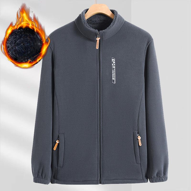 Autumn Winter Fleece Jacket For Men Thickened Loose Fit Stand Collar Cardigan Fleece Top Sweatshirt For Middle-Aged Dads