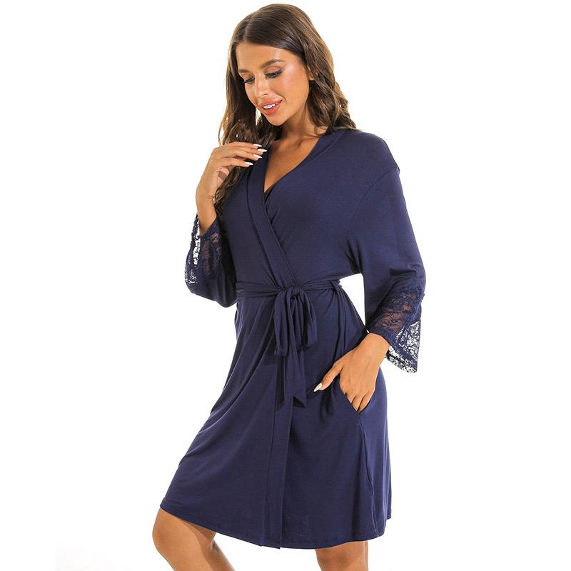 Plus Size Modal Cotton Lace Sleepwear - Women's Solid Color Loose Nightgown/Bathrobe
