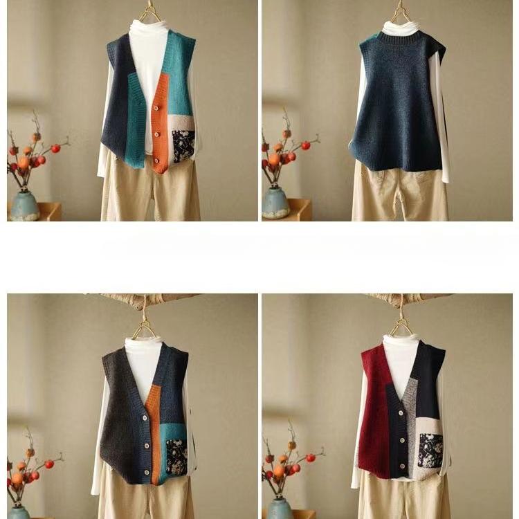 Women's Spring Autumn V-neck Knitted Vest Sleeveless Sweater  Lapel Printed Cardigan Sweater Vest