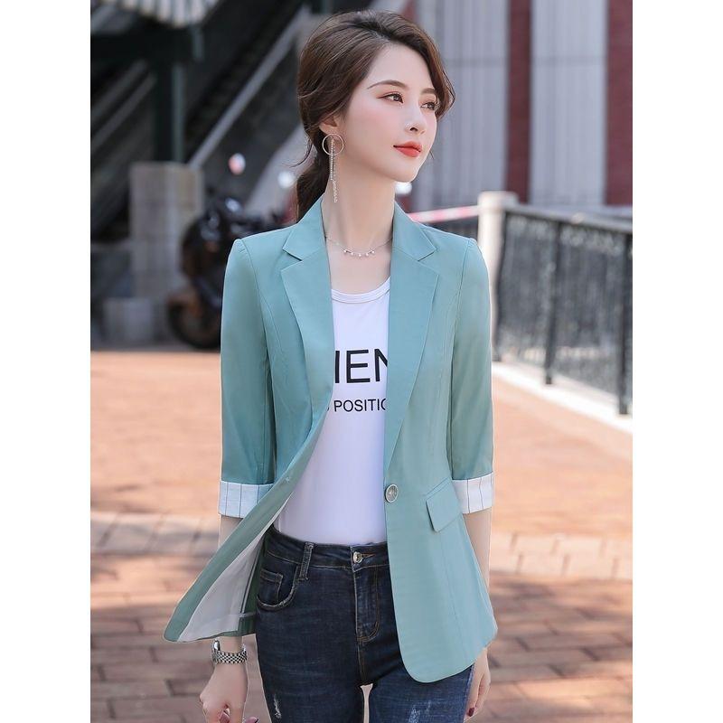 K-style Spring/Summer New Arrival Fashion Commuter Ol Thin Suit Collar One Button Five-Quarter Sleeve Small Business Suit Coat Easiest for Match Women