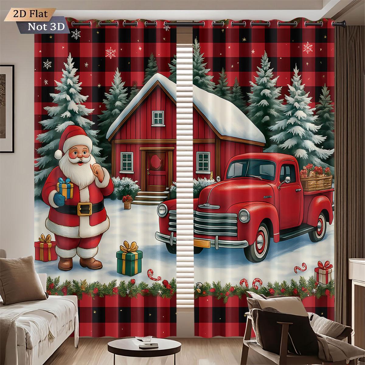 

Set Of 2 Christmas House Santa Claus Red Print Perforated Curtains Multiple Sizes Living Room Bedroom Insulation Decoration Curtain Blackout Polyester W100*H70(CM)-Rod Pocket&1PCS