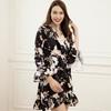 European and American Sexy Women's Beach Dress, Deep V Print Dress Waist Slim Long-sleeved Mini Dress