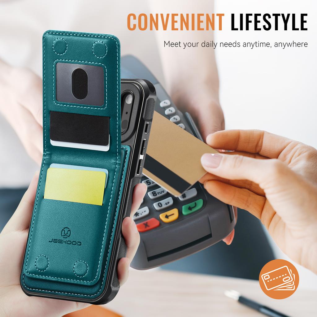 For iPhone 17 Pro Max Leather Back Cover JEEHOOD J06 Magnetic Phone Case with Card Bag RFID Blocking