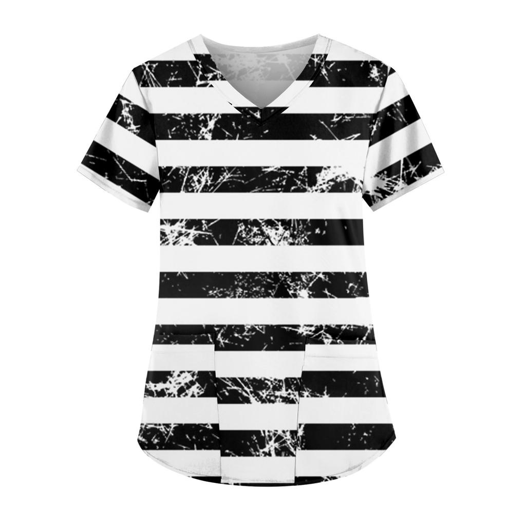 Women's Fashion V-Neck Short Sleeve With Pocket Halloween Printed T-Shirt Top