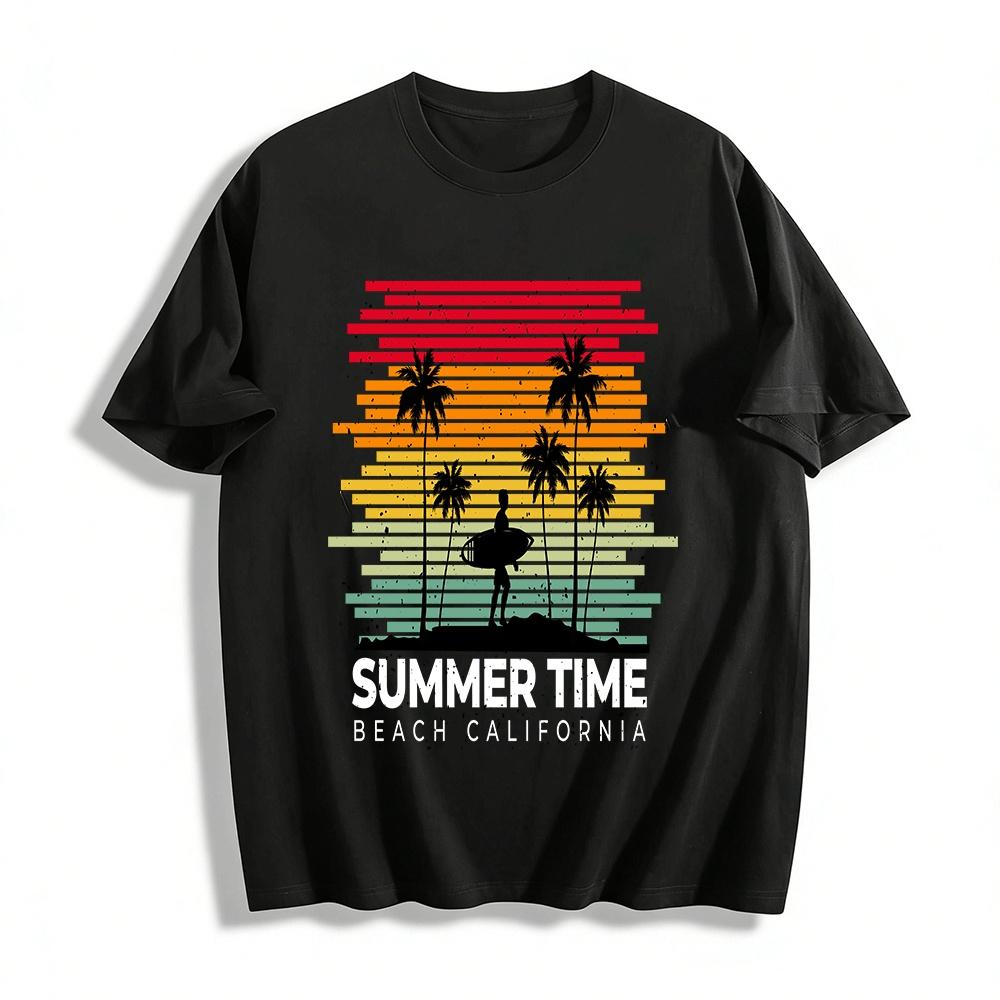 Vintage Sunset Surfing Coconut Tree Silhouette Casual Tee Pure cotton T-shirt XXS