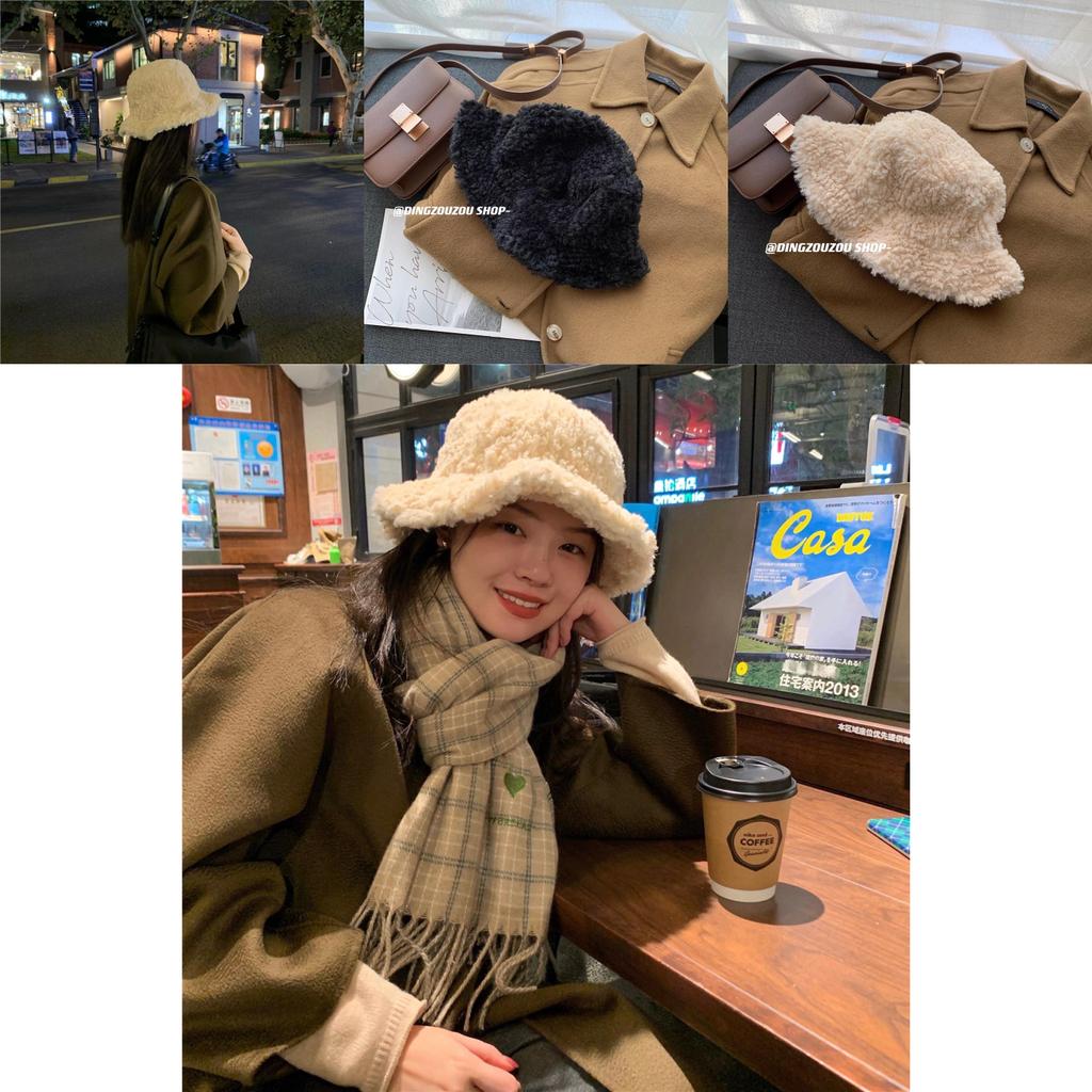 Fashionable Thickened Lamb Wool Fisherman Hat For Women Winter Warm Ear Protection Plush Bucket Hat
