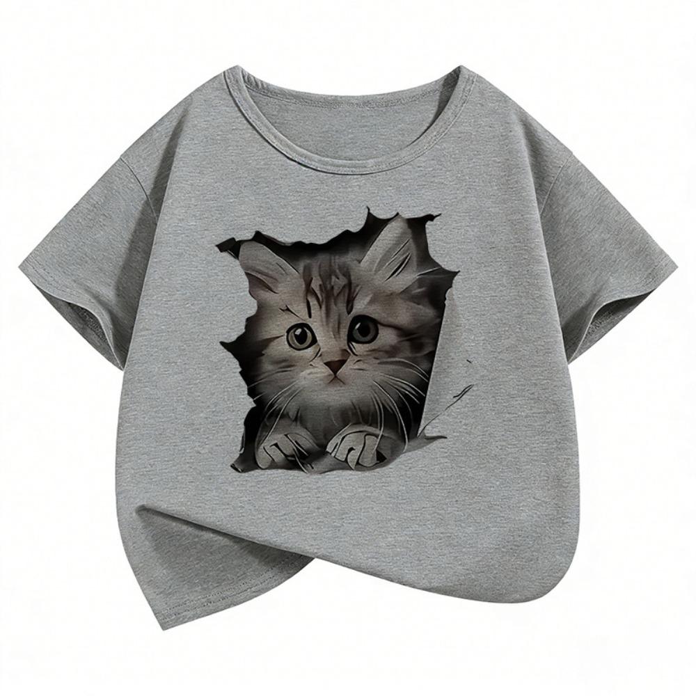 Cute Cat Graphic Kids Tshirts Summer Short Sleeve Tees Cartoon Animal Boys Girls Clothes Kawaii Kitten Tops Y2K Children T-shirt