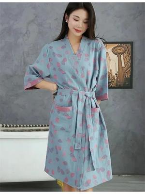Cotton Double-layer  Bathrobe, Thin Sleepwear, Home Clothes, Women's Sleeping Robe, Quick Drying Water Absorbing Yukata