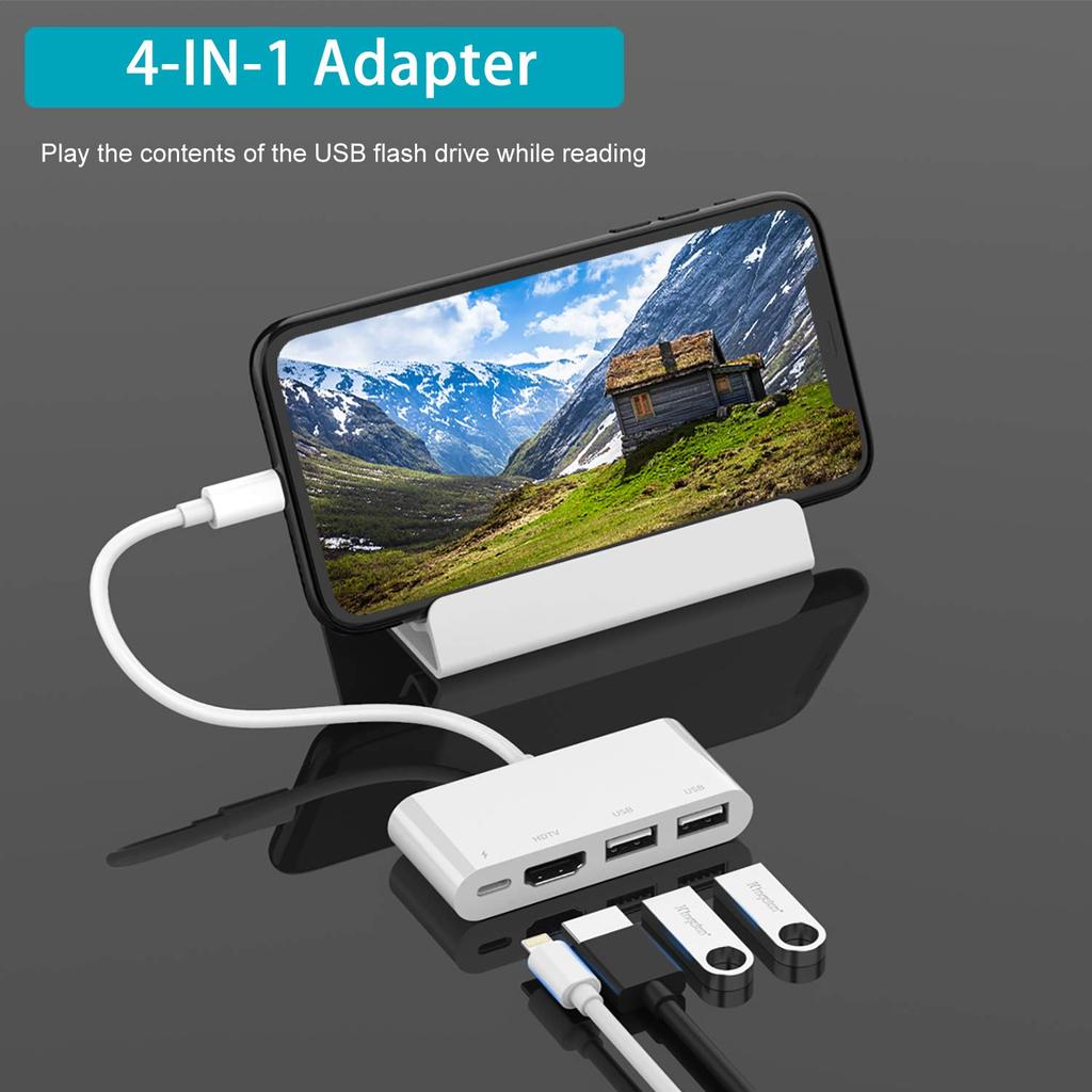 4 in 1 8Pin to HD + USBx2 + 8Pin Adapter for iPhone iPad Projector TV Mirroring Keyboard Mouse Camera Connection