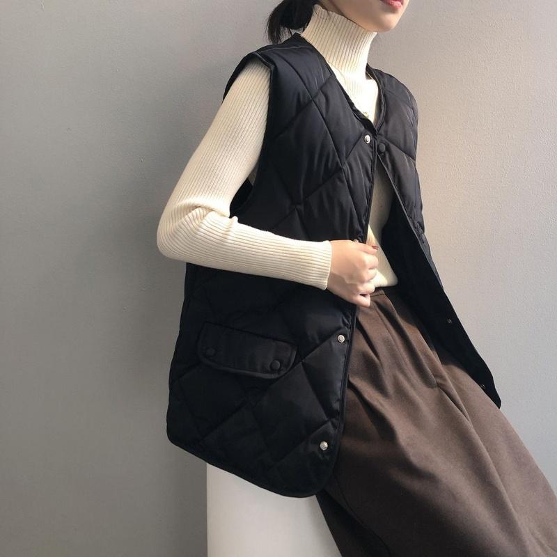 Autumn Winter Women's Quilted Cotton Vest Sleeveless O-neck Loose Padded Waistvest Single Breasted Casual Ultralight Portable Vest