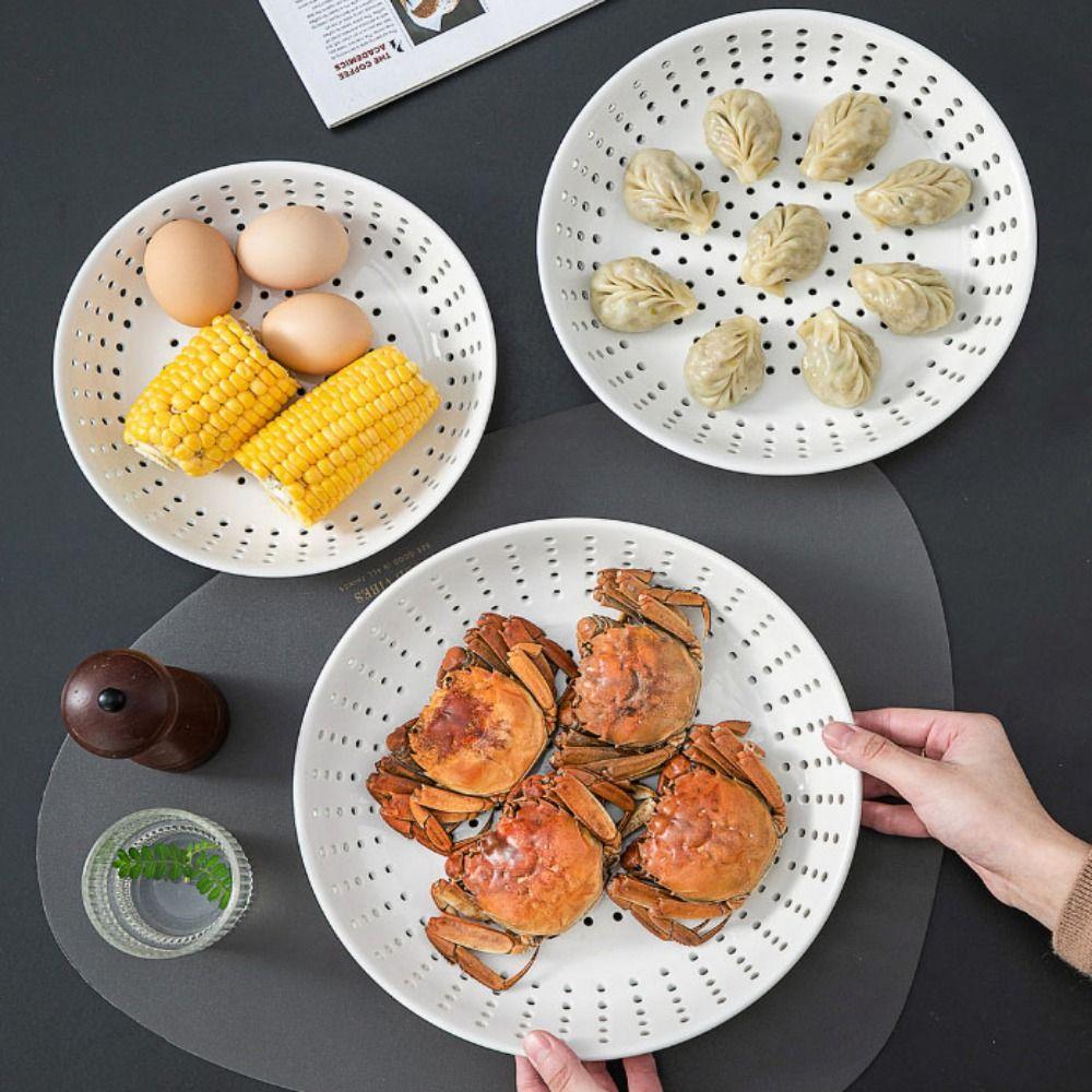 Round Shape Ceramic Perforated Steamer Plate White Hollow Out Drain Dish Restaurant Use