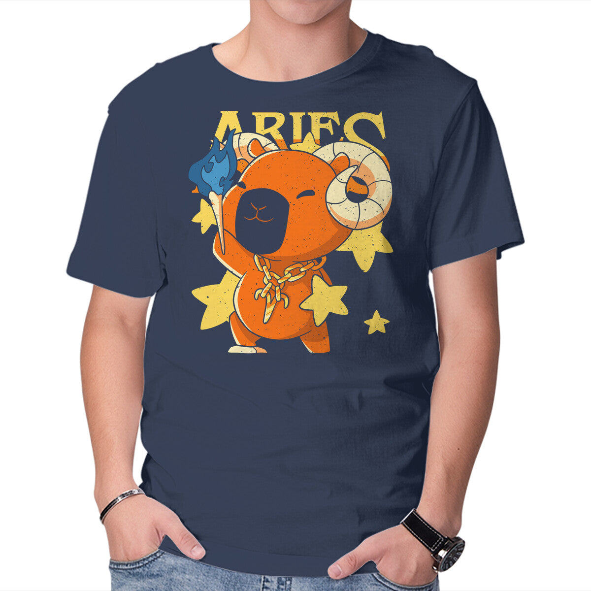 Unisex Crew Neck T-Shirt Capybara Aries Graphic Short Sleeve Casual Tee L