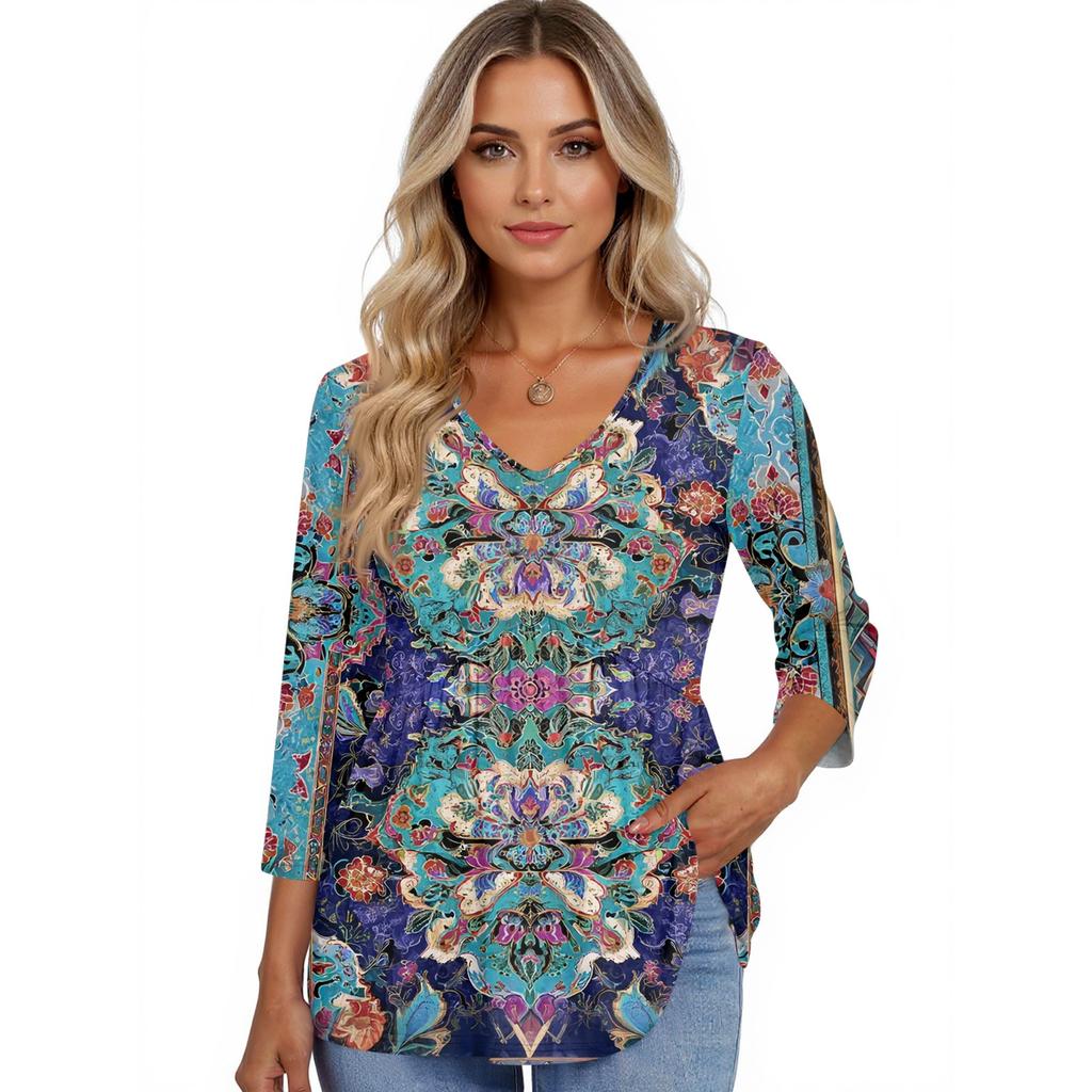 Women's T Shirt Print 3/4 Sleeve Fashion Basic V- Neck Regular Top