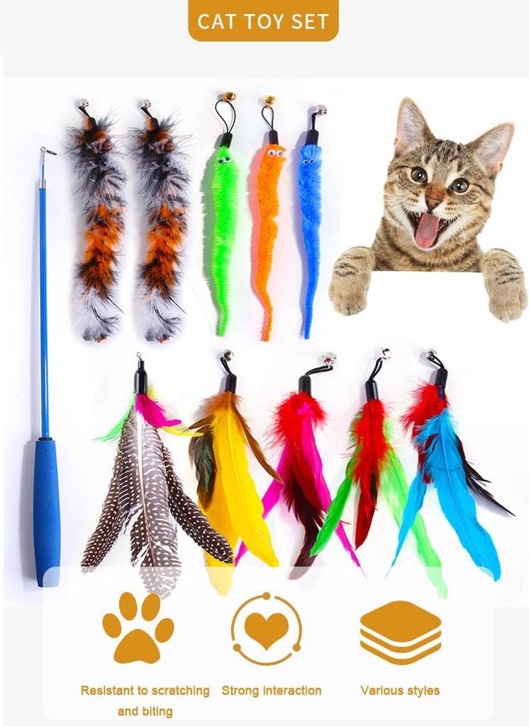 Cat Toys Feather Toy 1Pcs Retractable Cat Wand Toys And 10Pcs Replacement Teaser With Bell Refills Interactive Catcher Teaser