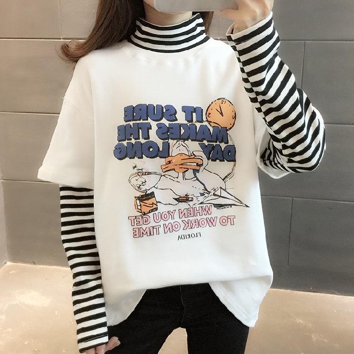 Women's Slim Fit Half-High Collar Two-Piece Effect Long-Sleeve T-Shirt - Autumn Style
