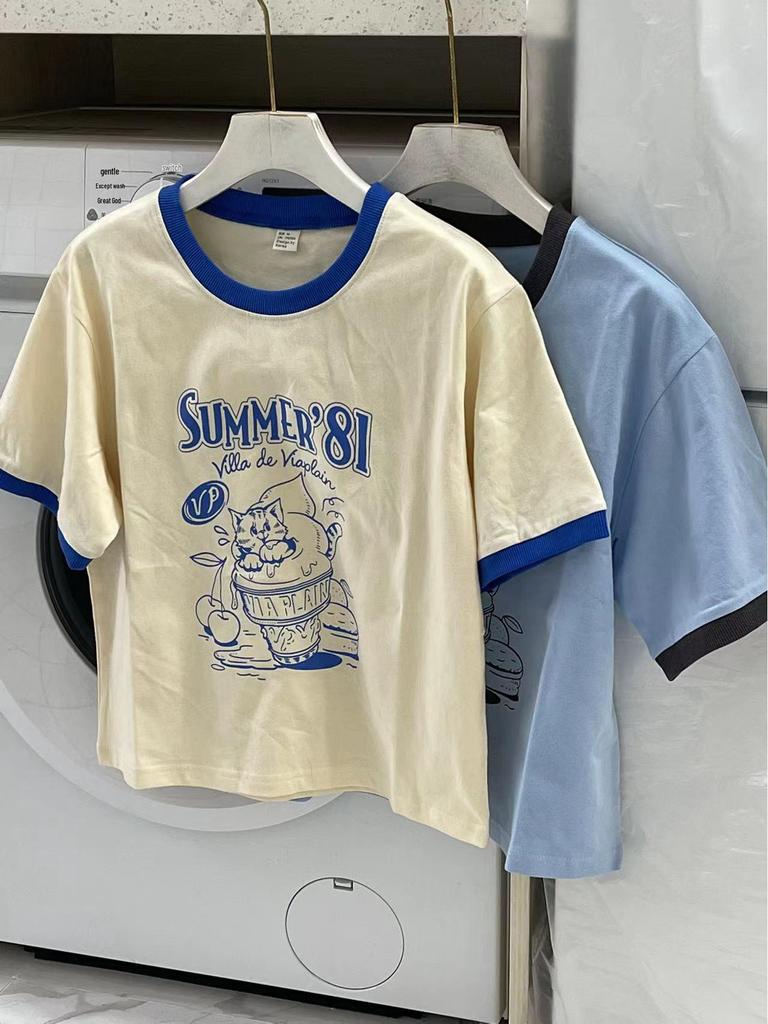 Qiqi 2024 Spring/Summer Color Block Ice Cream Kitten Print Short Sleeve T-Shirt