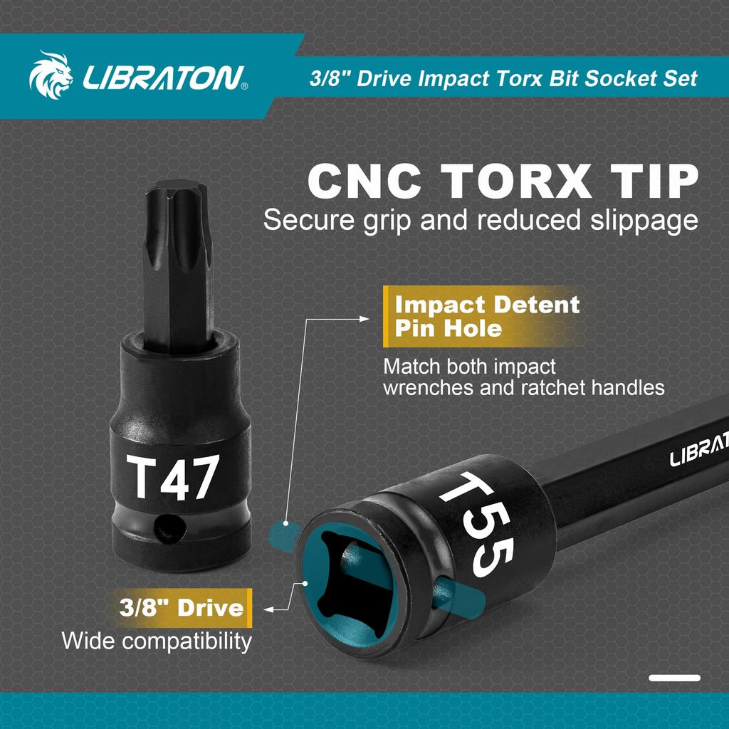 LIBRATON Torx Bit Socket Set, 3/8 inch (9.5 mm) Drive, S2 Steel, Star Bit Socket Set, T10-T60, Impact Torx Socket Set, 24-Piece Set