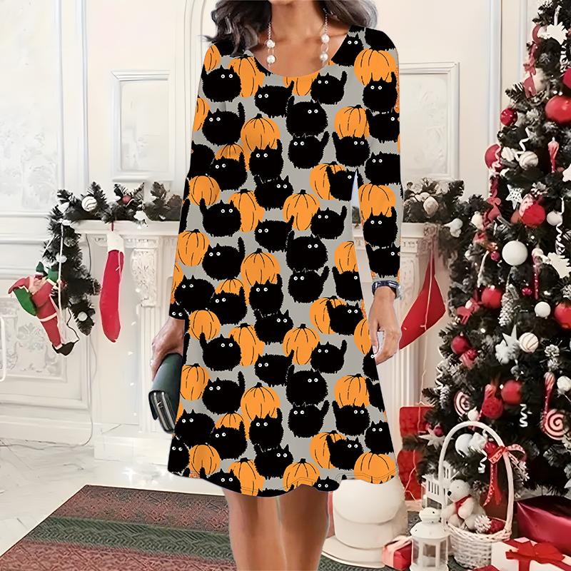 2025 Toamnă & Iarnă Femei Rochie Nouă Casual cu Gât Rotund Model 3D de Halloween Cadou Ideal de Halloween Crăciun