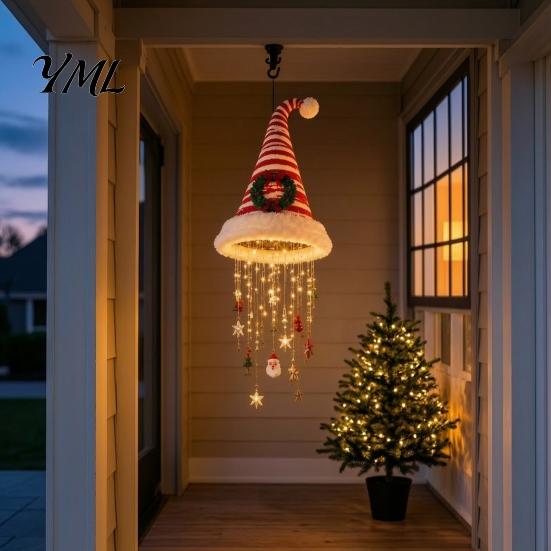 Festive Atmosphere Decoration Set Light?Up Santa Hat Hanging Chandelier DIY Kit, Warm LED Christmas String Lights Seasonal Home Accessories Pendant