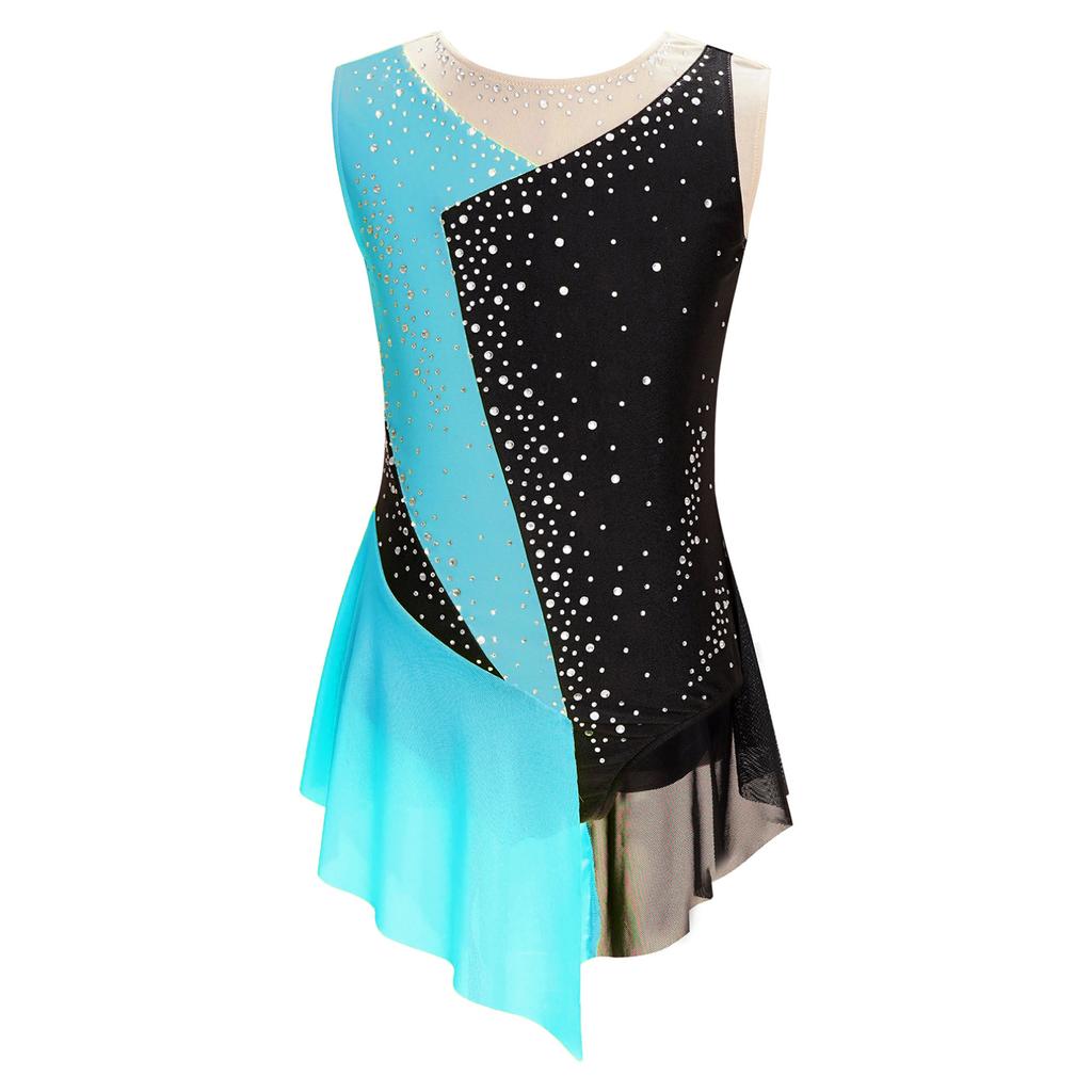 Kids Girls Sparkly Rhinestone Leotard Sheer Mesh Patchwork Sleeveless Dance Gymnastics Figure Skating Dress