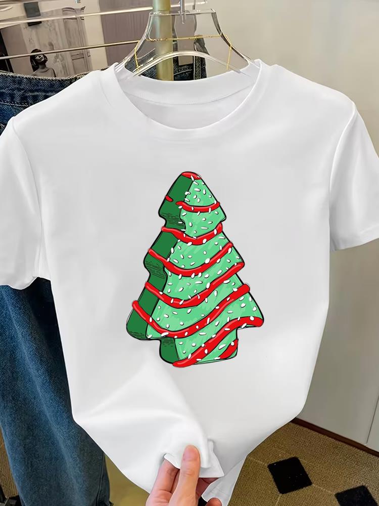 (Asian Size) Merry Christmas Fashion Short Sleeve T-shirts Plaid Tree 90s Women's Top O-neck T Shirt Print Casual New Year Clothing Graphic Tee