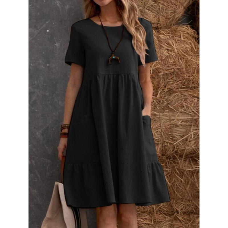 Summer TEMU retro loose pocket solid color crew neck women s cotton and linen dress S чёрный