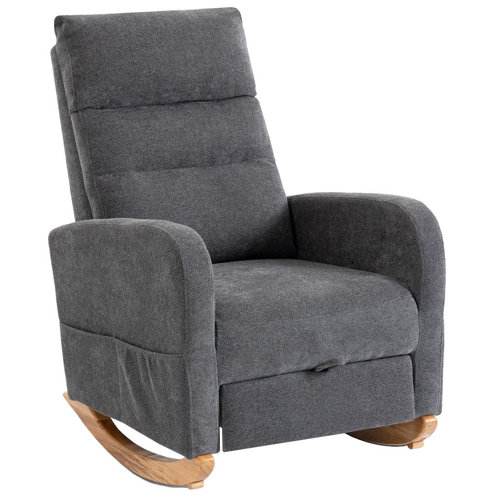 Upholstered Rocking Chair Retractable Footrest Rocker Chair High Back for Living Room Grey
