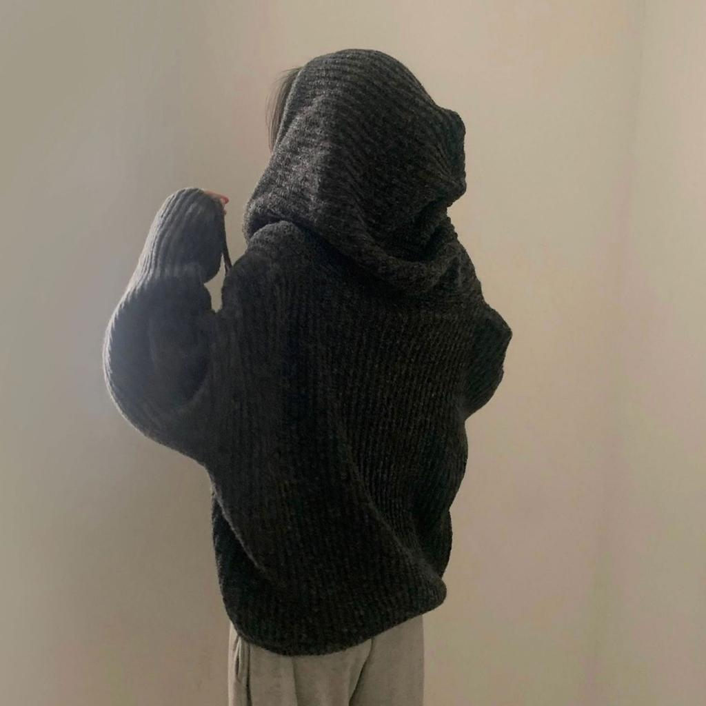 Autumn and Winter Korean Version Lazy Style Loose Fried Dough Twists Double Zip Hooded Long Sleeve Knitting Sweater Cardigan Coat Women