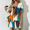 Mode d'été pour femmes Robe à col en V à manches courtes avec imprimé géométrique rétro Jupe courte sexy Robes