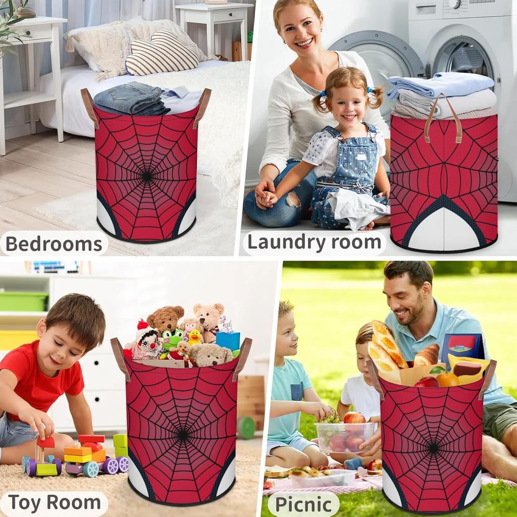 Large Laundry Hamper Basket Red Spider Web Round Collapsible Storage Organizer Bin for Kids, Boys, Nursery, Closet, Bedroom, Playroom, Toys, Dirty