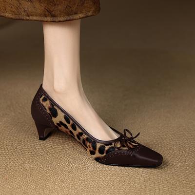 Fashion 2025 New Spring Women Pumps Square Toe Horsehair Genuine Leather Shoes for Women Mixed Colors Brogue Ladies Shoes Shallow Mouth