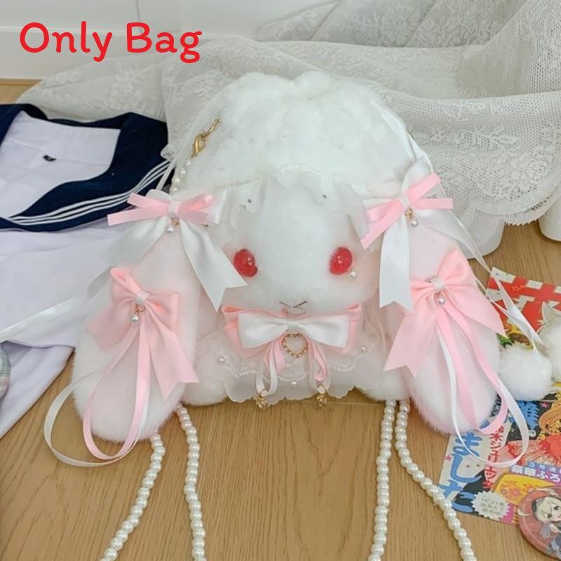 Japanese Lolita Bunny Plush Bag With Pearl Chain For Daily Fashion And Cute Storage