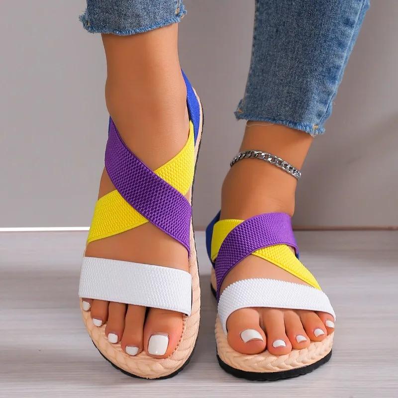 Fashion Ladies Shoes 2025 Hot Sale Elastic Band Women's Sandals Summer Open Toe New Color Matching Plus Size Light Concise Flat Sandals