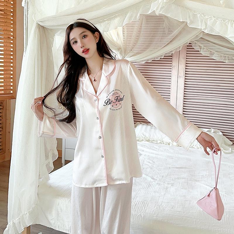 

2025 Spring Women s Pink Camellia Ice Silk Herringbone Pajamas - High-End Long Sleeve & Pants Set L