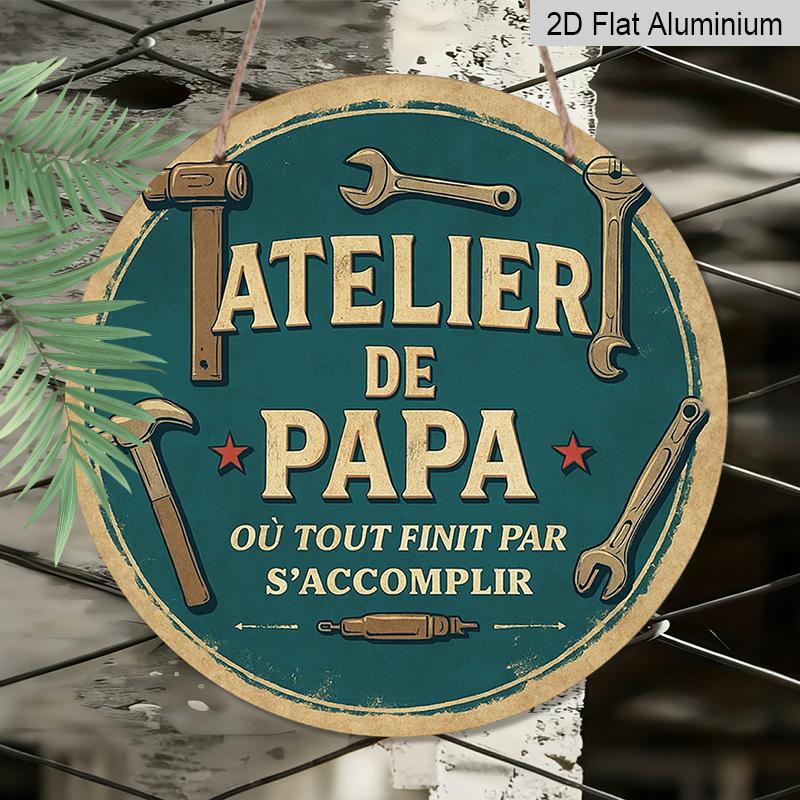 2D Flat - A 2D Flat, Round French Aluminum Sign Featuring a Vintage Plaque about 'Dad'S Workshop', Suitable for Decorating Garages, Studios, Home