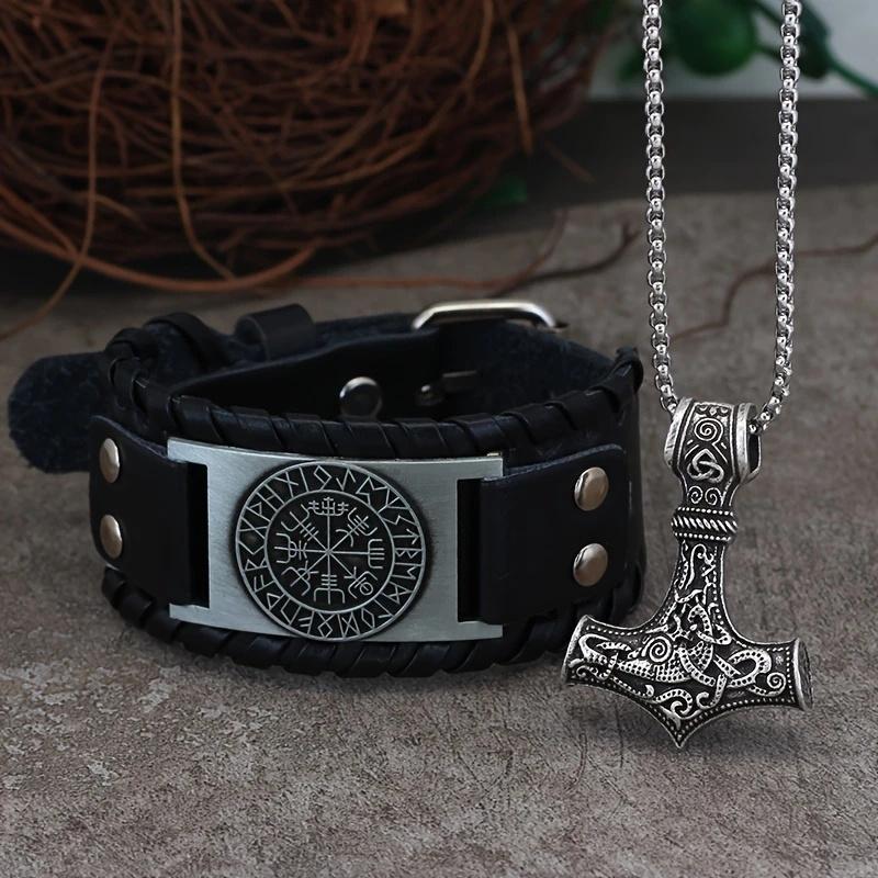 2pcs Nordic Viking Pendant Necklace Bracelet Set for Men and Women, Classic Necklace Viking Bracelet Men Rune Amulet Jewelry Viking Men Gift