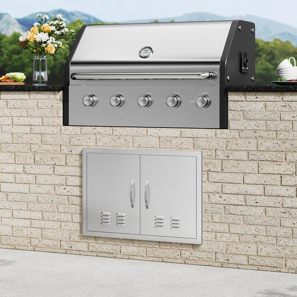 BBQ Access Door, 762x533 Mm Double Outdoor Kitchen Door, Stainless Steel Flush Mount Door, Wall Vertical Door with Handles and Vents, for BBQ Island,