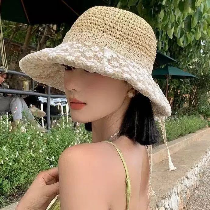 Big brim straw hat women's summer bucket hat breathable lace hollowed seaside beach French sunshade sun hat