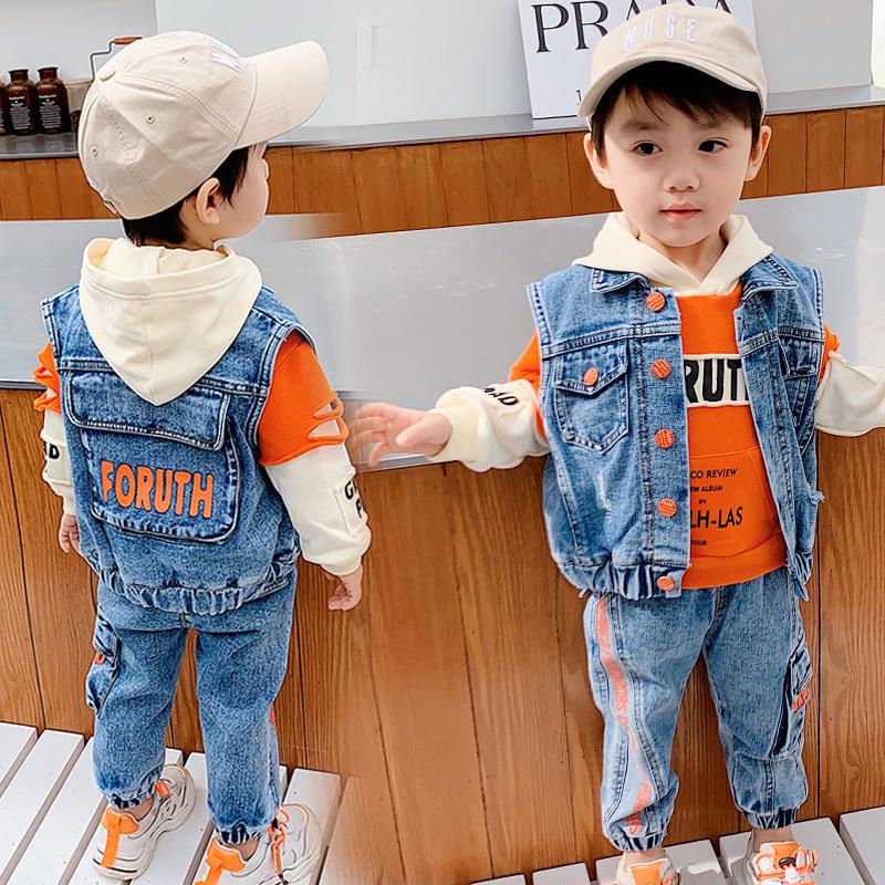 Casual Spring Autumn Baby Boys Girls Jeans Children Denim Vest Hoodie Three Pcs Sets Children Sets