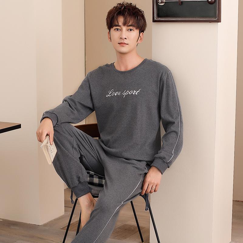 Pajamas men's autumn long-sleeved pure cotton fashion letters men's casual sports cotton loungewear suit can be worn outside