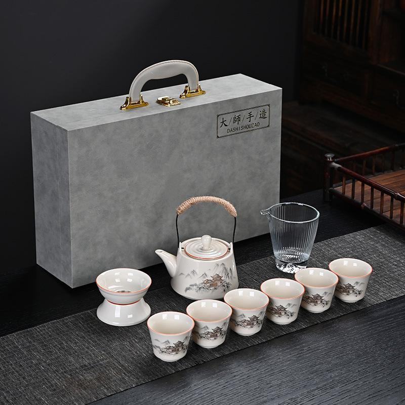 A set of grass and wood ash tea set, a complete set of ceramic kung fu gift boxes, high-end gifts, light luxury
