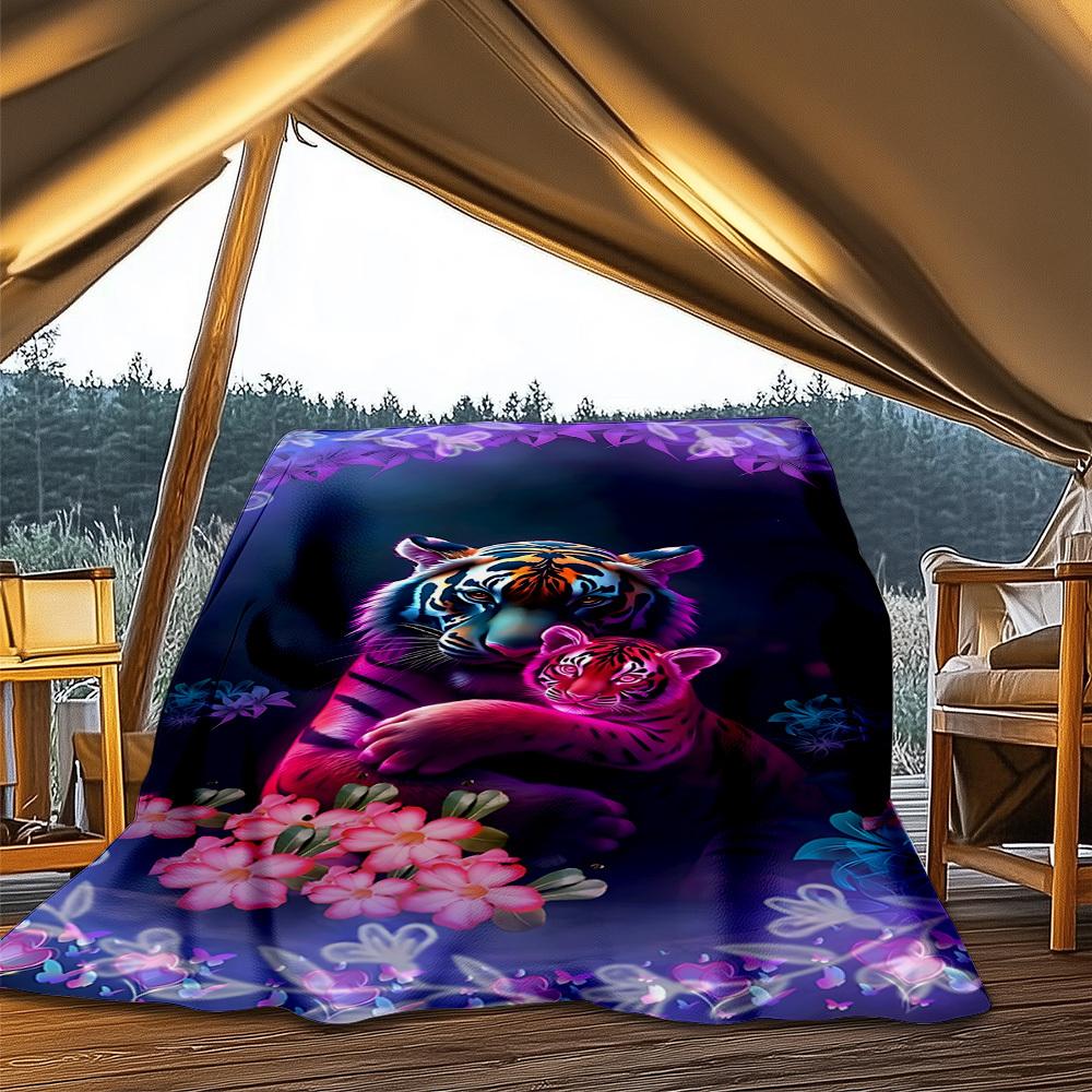 1pc Tiger Floral Fantasy Outdoor Flannel Blanket Soft All Season Polyester Throw , Perfect for Picnics & Travel , Picnic Accessory