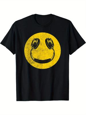 Men'S 90S Retro Music Face Headphones Graphic T-Shirt | Funny Smiling Earbud Design With Yellow & Print