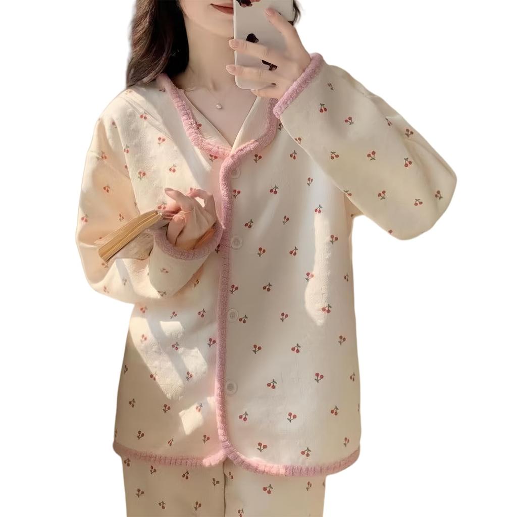 Narebuy Long Sleeve Loungewear Set with Patterned Soft and Comfortable to the Loose Open Elastic Lazy Women's V-Neck Buttons, Design, Touch, Fit,
