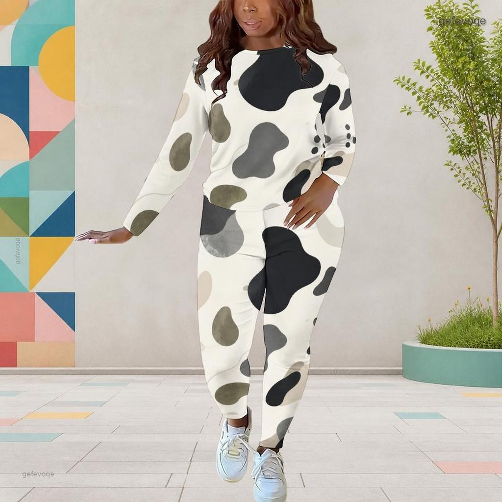 Women Plus Size Round Neck Long Sleeve Printed Top Fitted Pants Two Piece Set