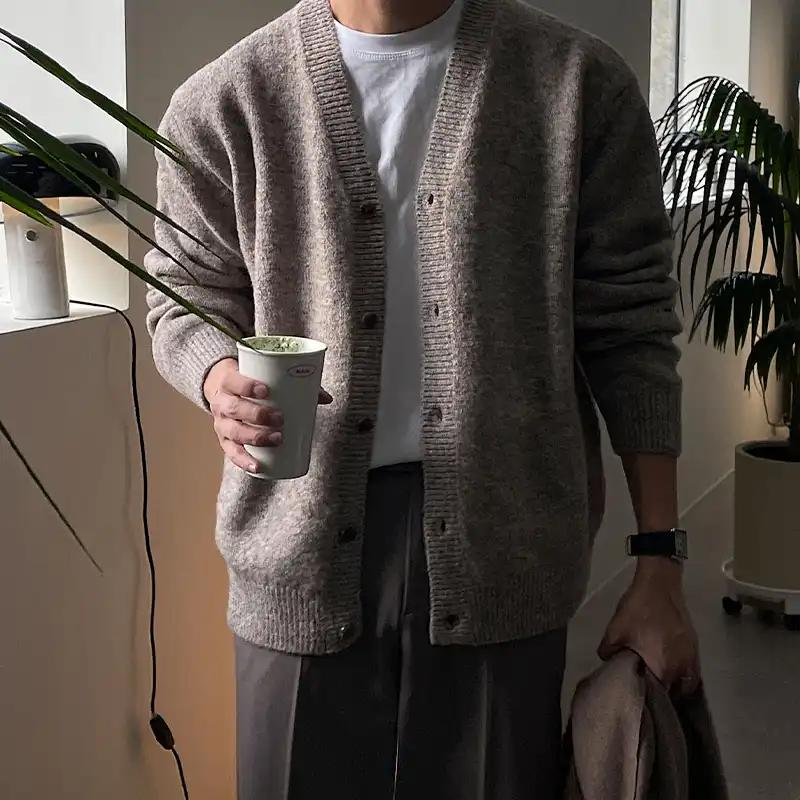 Autumn Winter New Style Soft Knitted Cardigan Coat V Neck Lazy Style Sweater Korean Version Mens Fashion Casual Versatile Top