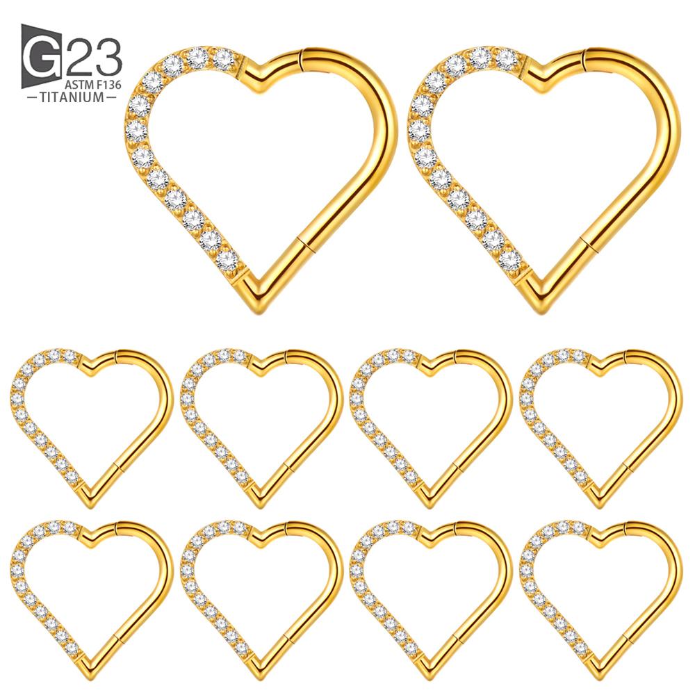 10Pc ASTM F136 Titanium Daith Heart Earring Hoop Cartilage Tragus Helix Rings Hinged Segment Hoop with Clear CZ