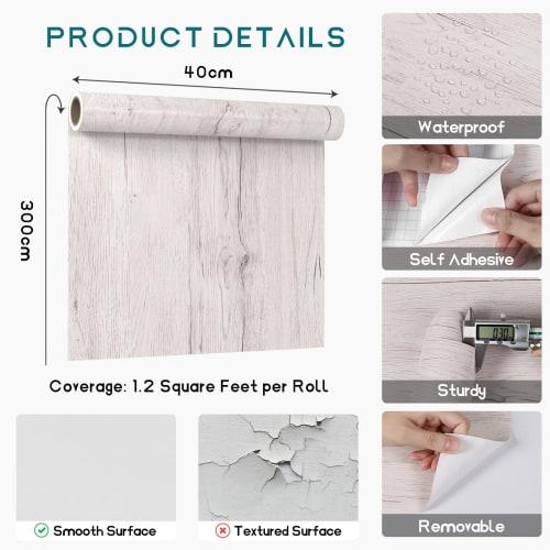 VEELIKE Wood Grain Wallpaper Sticker, 40cm x 3m, Durable DIY Wood Grain Sheet, Milk White, Peelable, Scandinavian Style, Rental Friendly, Cuttable, Oi